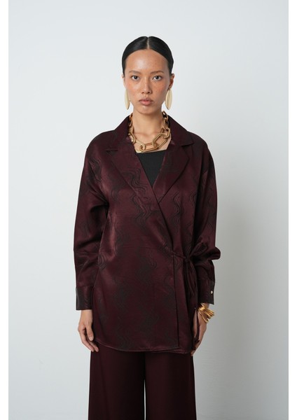 Kadın Bordo Renk Desenli Yandan Bağlamalı Ceket