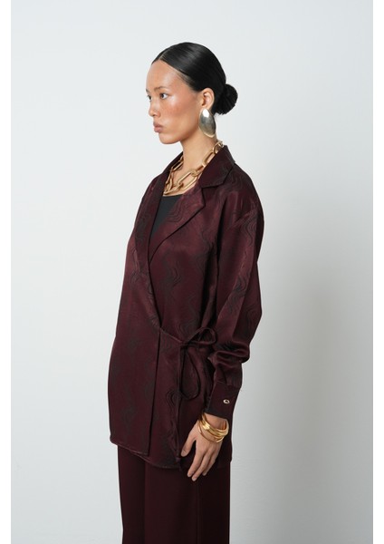 Kadın Bordo Renk Desenli Yandan Bağlamalı Ceket fiyatları