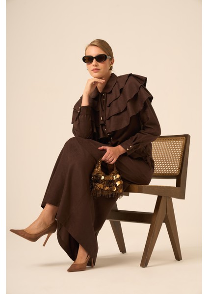 Bayan Süet Fırfırlı Takım Acı Kahve 31247