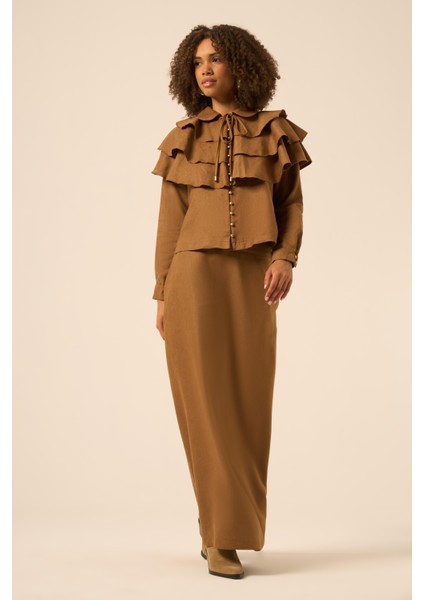 Bayan Süet Fırfırlı Takım Taba 31247