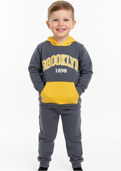 Erkek Çocuk Brooklyn Baskılı Pamuklu Kapüşonlu Eşofman Takımı 3-6 Yaş Gri Sarı