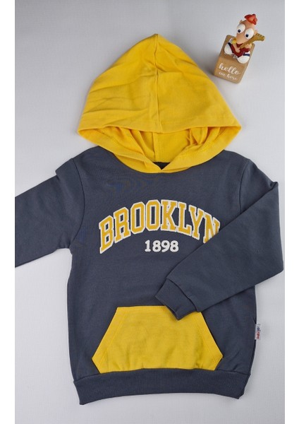 Erkek Çocuk Brooklyn Baskılı Pamuklu Kapüşonlu Eşofman Takımı 3-6 Yaş Gri Sarı