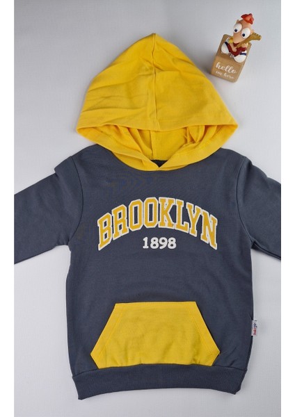 Erkek Çocuk Brooklyn Baskılı Pamuklu Kapüşonlu Eşofman Takımı 3-6 Yaş Gri Sarı