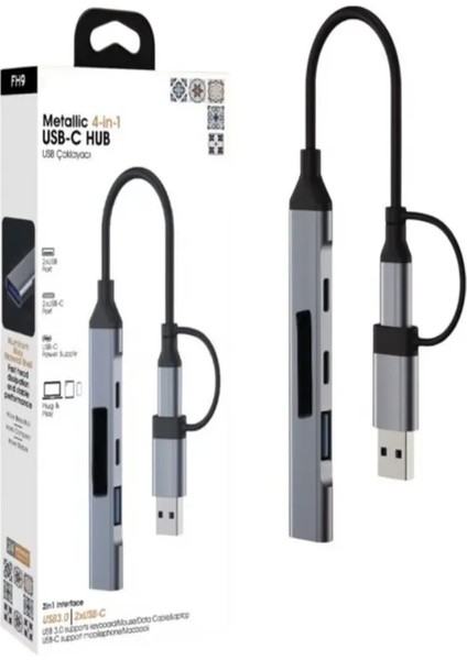 Fh9 4-In-1 Usb-C Hub 2xusb-A, 2xusb-C Çıkışlı Usb-A + C Girişli, Metalik USB Çoklayıcı