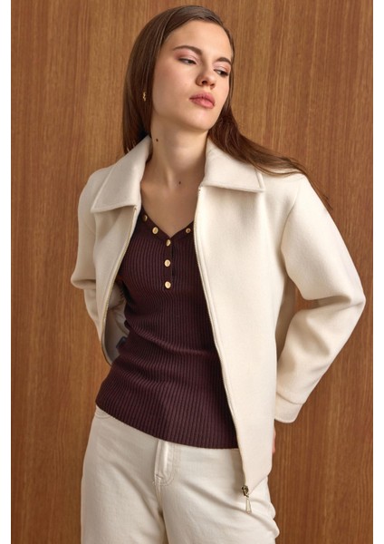 Fermuar Kapamalı Oversize Kısa Kaban EKRU 3157