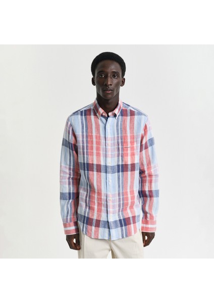 Erkek Kırmızı Regular Fit Düğmeli Yaka Kareli Keten Gömlek