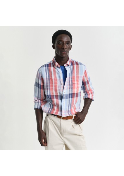Erkek Kırmızı Regular Fit Düğmeli Yaka Kareli Keten Gömlek fiyatları