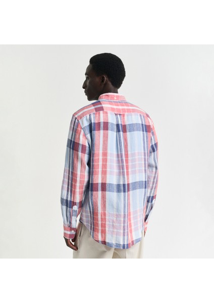 Erkek Kırmızı Regular Fit Düğmeli Yaka Kareli Keten Gömlek modelleri