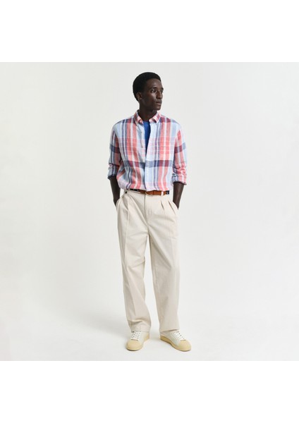 Erkek Kırmızı Regular Fit Düğmeli Yaka Kareli Keten Gömlek fırsatları