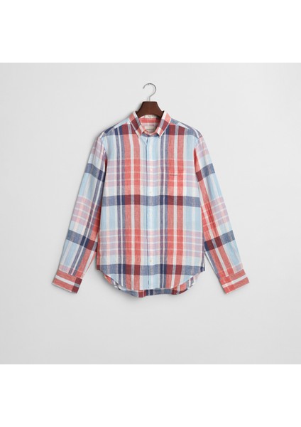 Erkek Kırmızı Regular Fit Düğmeli Yaka Kareli Keten Gömlek indirimleri