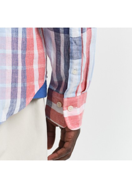 Erkek Kırmızı Regular Fit Düğmeli Yaka Kareli Keten Gömlek