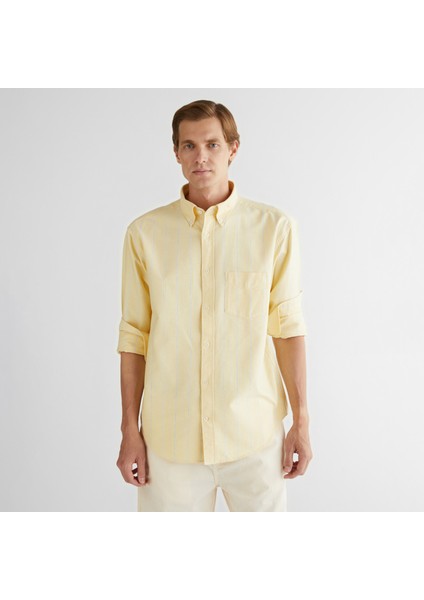 Erkek Sarı Relaxed Fit Düğmeli Yaka Çizgili Gömlek