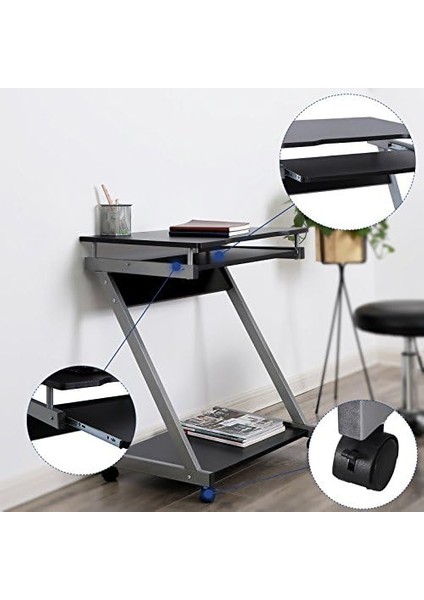 Çalışma Masası, 2'si Frenli Toplam 4 Tekerlekli Bilgisayar Masası, Pc Masası, Pürüzsüz Klavye Çekmecesi, Montaj, Yerden Tasarruflu Z-Şekilli Pc Masası, Siyah, LCD811B modelleri