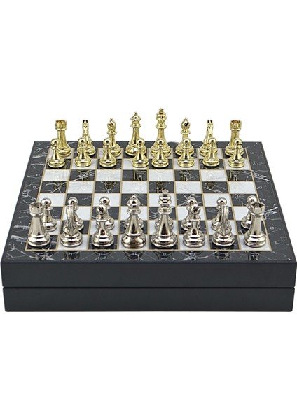 Gifthome Büyük Boy Metal Klasik Satranç Tk. Parlak ve Mermer Desenli Sandıklı Mdf TAHTASI(36X36X6 Cm.)