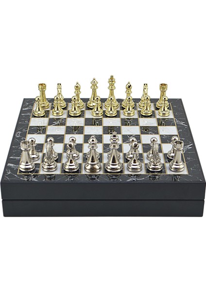 Gifthome Büyük Boy Metal Klasik Satranç Tk. Parlak ve Mermer Desenli Sandıklı Mdf TAHTASI(36X36X6 Cm.)