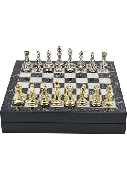 Gifthome Büyük Boy Metal Klasik Satranç Tk. Parlak ve Mermer Desenli Sandıklı Mdf TAHTASI(36X36X6 Cm.)