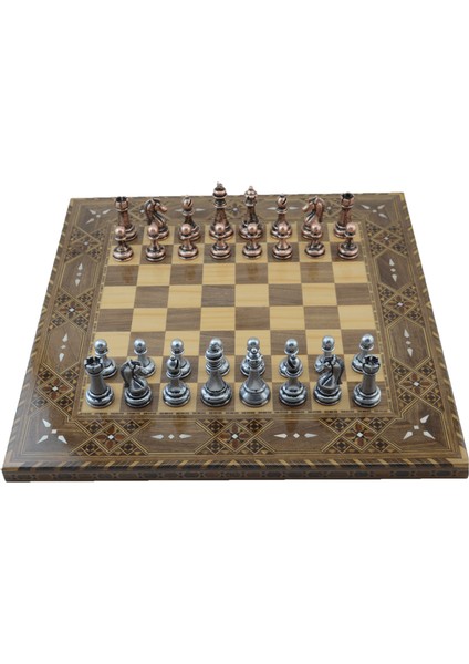 Metal Klasik Satranç Takımı Antik ve El Yapımı Düz Masif Ahşap Satranç Tahtası