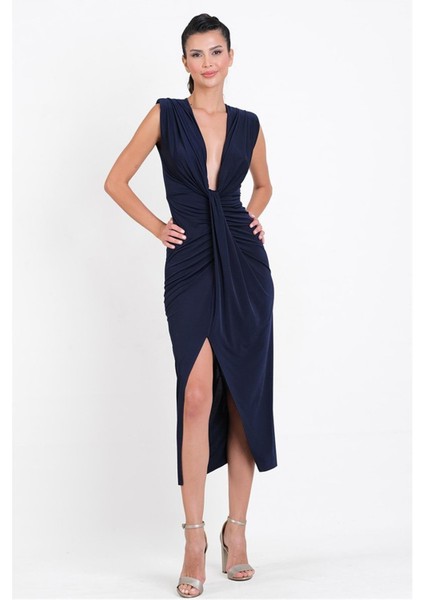 Onisto Omuz Pileli Önü Derin V Uzun Abiye Elbise LACİVERT indirimleri