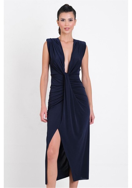 Onisto Omuz Pileli Önü Derin V Uzun Abiye Elbise LACİVERT