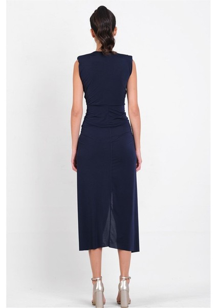 Onisto Omuz Pileli Önü Derin V Uzun Abiye Elbise LACİVERT