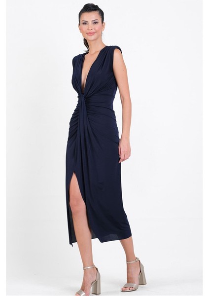 Onisto Omuz Pileli Önü Derin V Uzun Abiye Elbise LACİVERT
