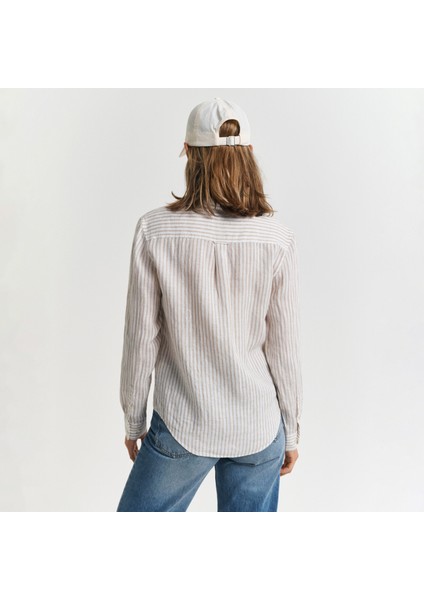 Kadın Bej Regular Fit Klasik Yaka Çizgili Keten Gömlek modelleri