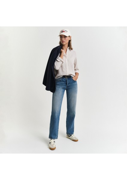 Kadın Bej Regular Fit Klasik Yaka Çizgili Keten Gömlek fırsatları