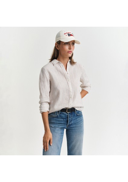 Kadın Bej Regular Fit Klasik Yaka Çizgili Keten Gömlek indirimleri