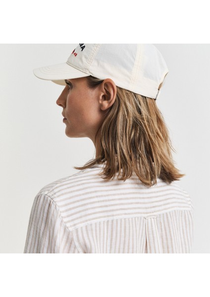 Kadın Bej Regular Fit Klasik Yaka Çizgili Keten Gömlek