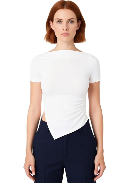 Kadınlar Için Şık Kayık Yaka Esnek Örme Asimetrik Kesim Üst Kaliteli Şık Rahat Modern Zarif fiyatları