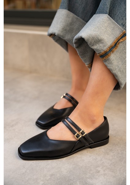 Jadon Siyah Deri Çift Toka Detaylı Babet fiyatları