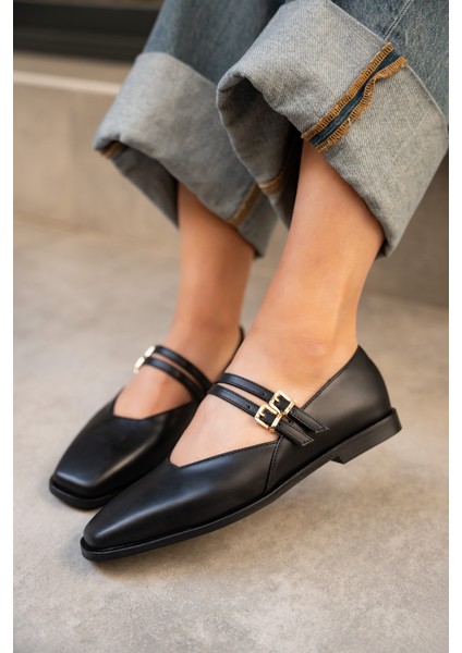 Jadon Siyah Deri Çift Toka Detaylı Babet modelleri
