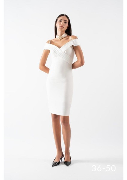 Odolina Ince Askılı Kruvaze Kayık Yaka Kısa Abiye Elbise Ekru