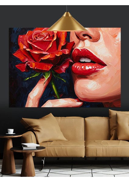 Kırmızı Gül Dudaklar Parlak Dekoratif Kanvas - Mdf Ahşap Tablo