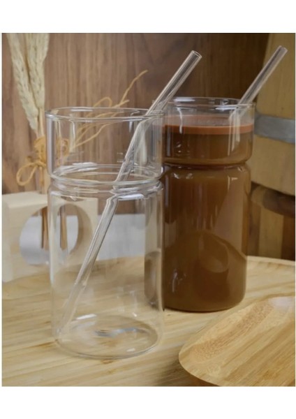 Modern Tasarım Uzun Pipetli Şeffaf Cam Bardak Seti (2 Adet)