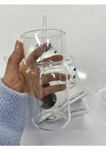 Modern Tasarım Uzun Pipetli Şeffaf Cam Bardak Seti (2 Adet) modelleri