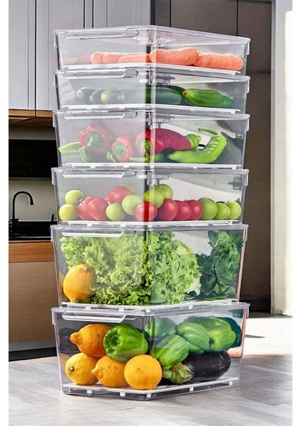 Lüks 6'lı Süzgeçli Kapaklı Buzdolabı Düzenleyici | Premium Saklama Kabı | Dolap Içi Düzenleyici Organizer |