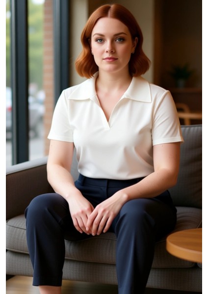 Moda Büyük Beden Polo Yaka Örme Regular Düz Desen Casual Günlük Crop Kısa Kol Bluz