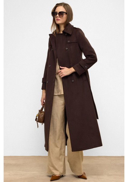 Pelerin Detaylı Kruvaze Uzun Boy Kaban Kahve 3087