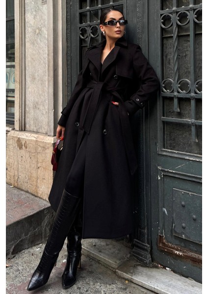 Pelerin Detaylı Kruvaze Kaban Siyah 3091