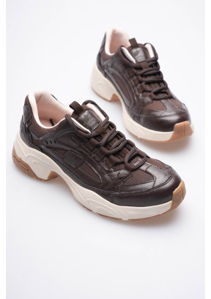 Kadın Sneaker File Baskılı Kalın Tabanlı Kahve Rivex