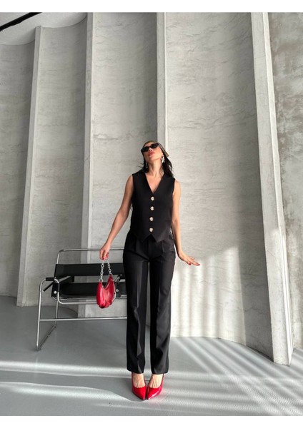 Kadın Alt Üst Takım Şık Taş Düğme Detaylı Premium Yelek Pantolon Ikili Takım Elbise fırsatları