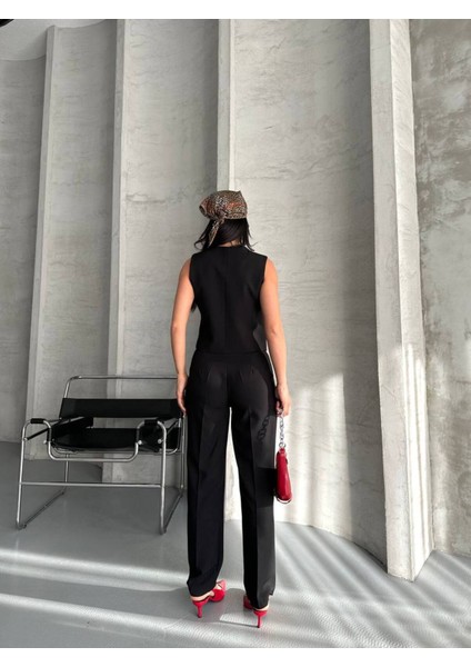 Kadın Alt Üst Takım Şık Taş Düğme Detaylı Premium Yelek Pantolon Ikili Takım Elbise