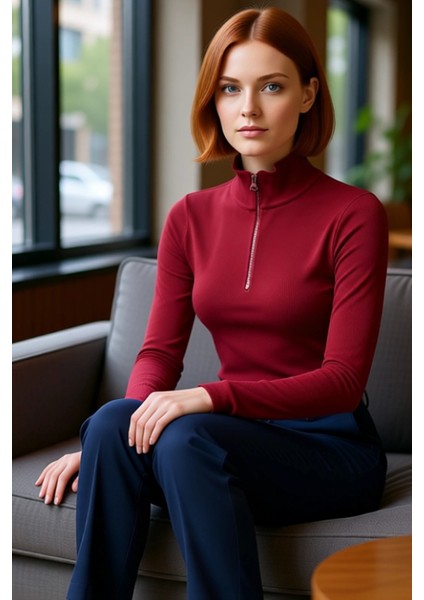 Kadın Fermuarlı Dik Yaka Uzun Kollu Esnek Örme Bluz Vücuda Oturan Basic Siluet Cool & Comfort Tarzı fırsatları