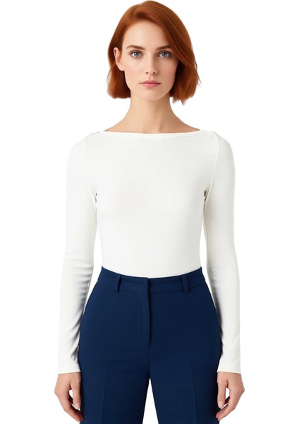 Kadın Esnek Örme Kayık Yaka Uzun Kollu Slim Fit Bluz Kaliteli Şık Rahat Modern Zarif Günlük