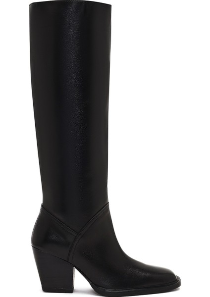 Kadın Siyah Kalın Topuklu Deri Çizme 25WFD141418