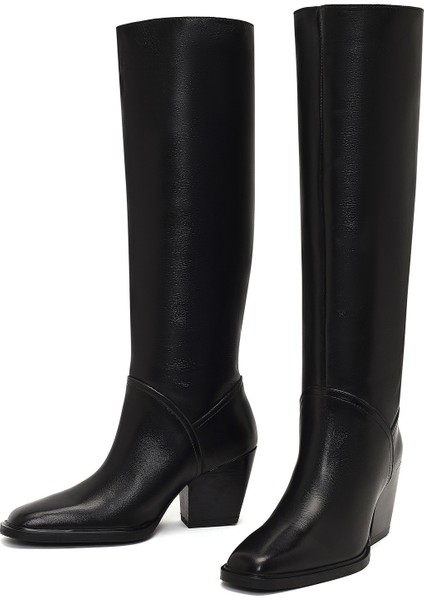 Kadın Siyah Kalın Topuklu Deri Çizme 25WFD141418 modelleri