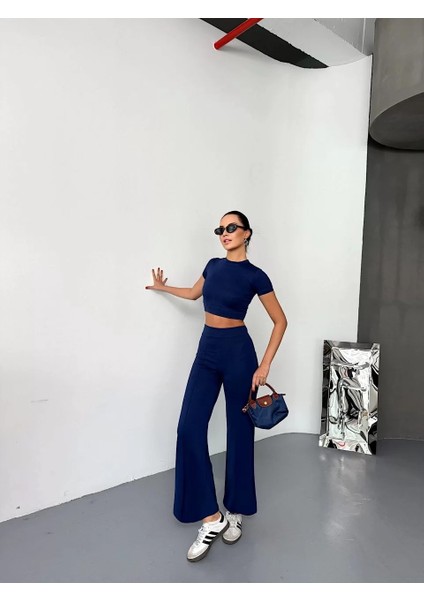Osy Modal Yumuşak Dokulu Kumaş Kısa Kollu Crop Alt Ispanyol Paça Pantalon Ikili Takım - Lacivert fiyatları