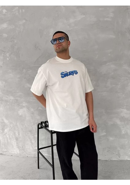 Ön ve Arka Baskılı Oversize Bisiklet Yaka T-Shirt- Beyaz modelleri