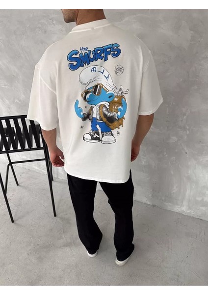 Ön ve Arka Baskılı Oversize Bisiklet Yaka T-Shirt- Beyaz fırsatları